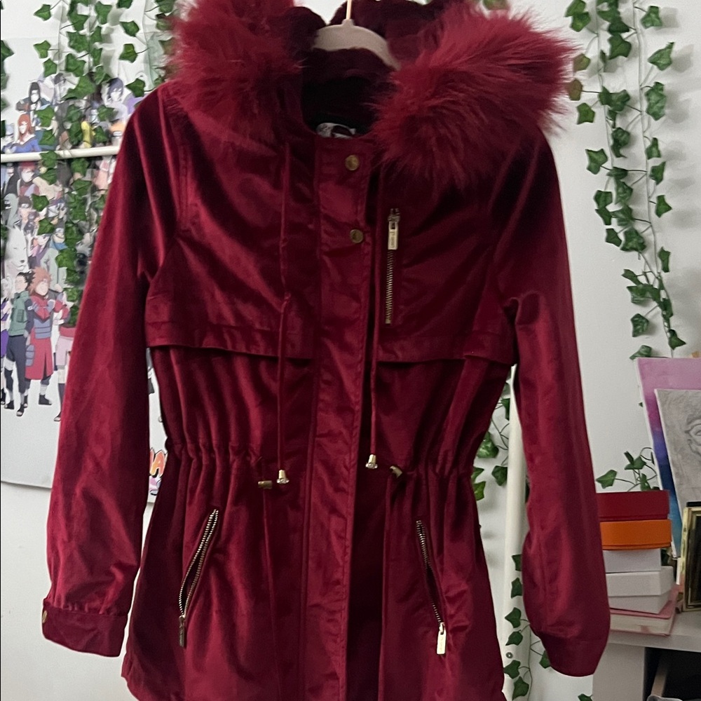 Women's Burgundy  Fur Hooded Jacket